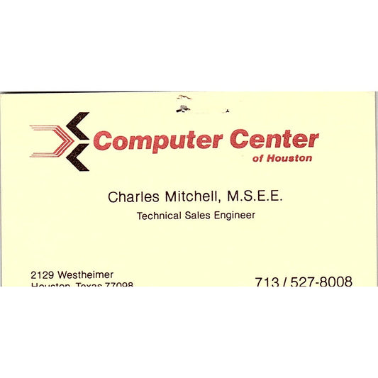 Charles Mitchell MSEE Computer Center of Houston TX Vintage Business Card SD9-B2