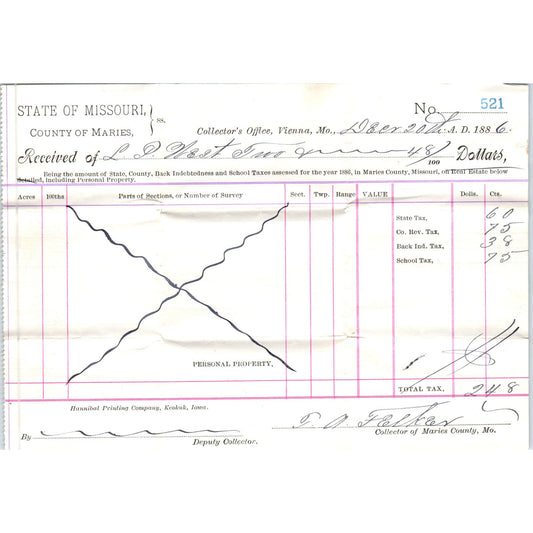 1886 Missouri County of Maries Tax Collector Receipt Vienna MO AE7