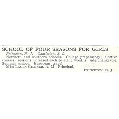 School of Four Seasons for Girls Laura Gildner Princeton NJ c1918 Ad AE5-SV2