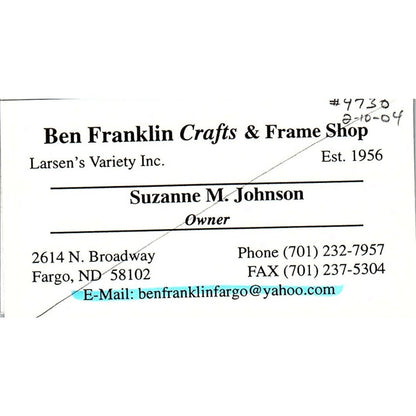 Ben Franklin Crafts & Frame Shop Suzanne M Johnson Fargo Business Card SC9-B11