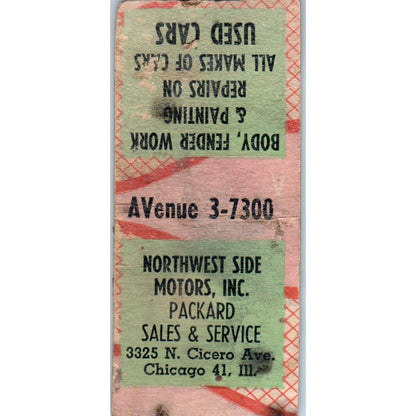 Northwest Side Motors Packard Sales Chicago Vintage Matchbook Cover SD4-Y10
