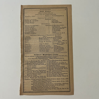 MA State Police Soldiers' Messenger Corps Listings 1871 Almanac Clipping SAI2-H4