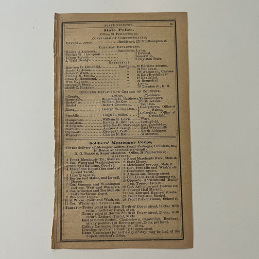 MA State Police Soldiers' Messenger Corps Listings 1871 Almanac Clipping SAI2-H4