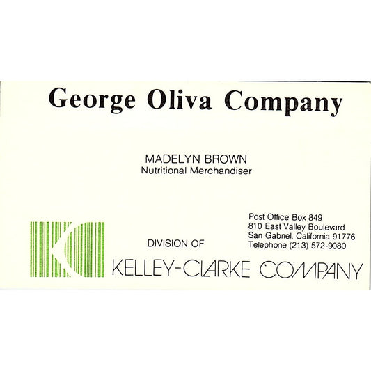 Madelyn Brown George Oliva Company San Gabriel CA Vintage Business Card SD9-B10
