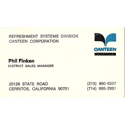 Phil Finken Canteen Corporation Cerritos CA Vintage Business Card SD9-B10