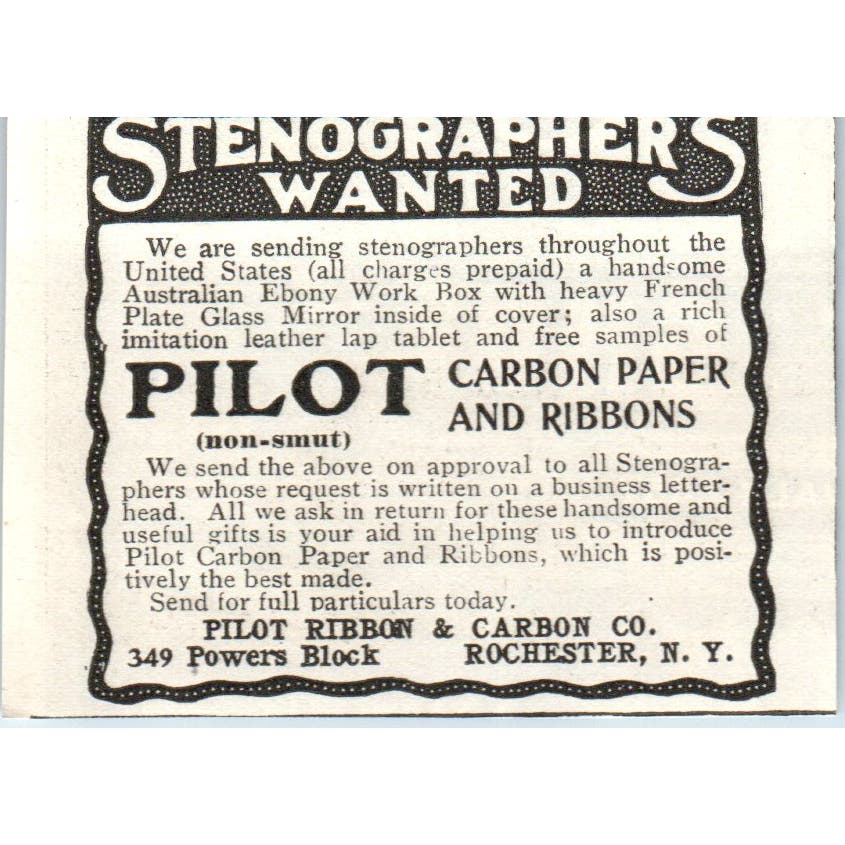 Stenographers Wanted Pilot Ribbon & Carbon Rochester c1905 Advertisement AE7-A1