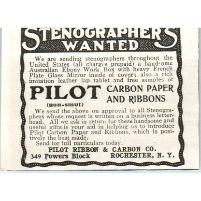 Stenographers Wanted Pilot Ribbon & Carbon Rochester c1905 Advertisement AE7-A1
