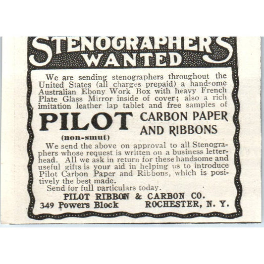 Stenographers Wanted Pilot Ribbon & Carbon Rochester c1905 Advertisement AE7-A1