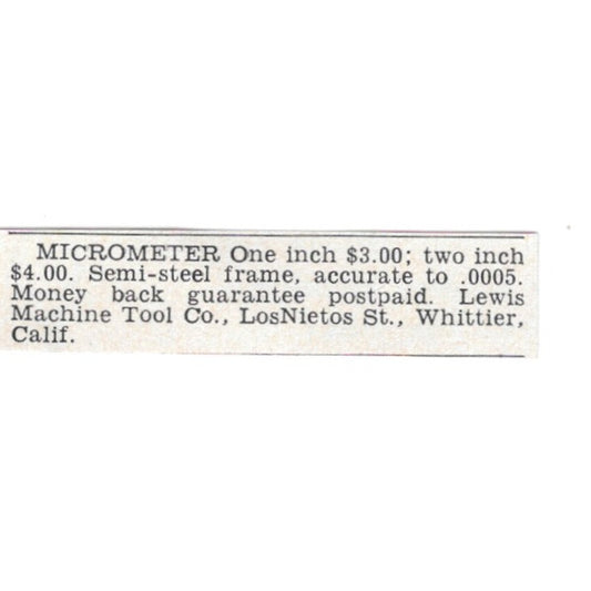 Micrometer - Lewis Machine Tool Co Whittier CA 1955 Ad AG1-S3