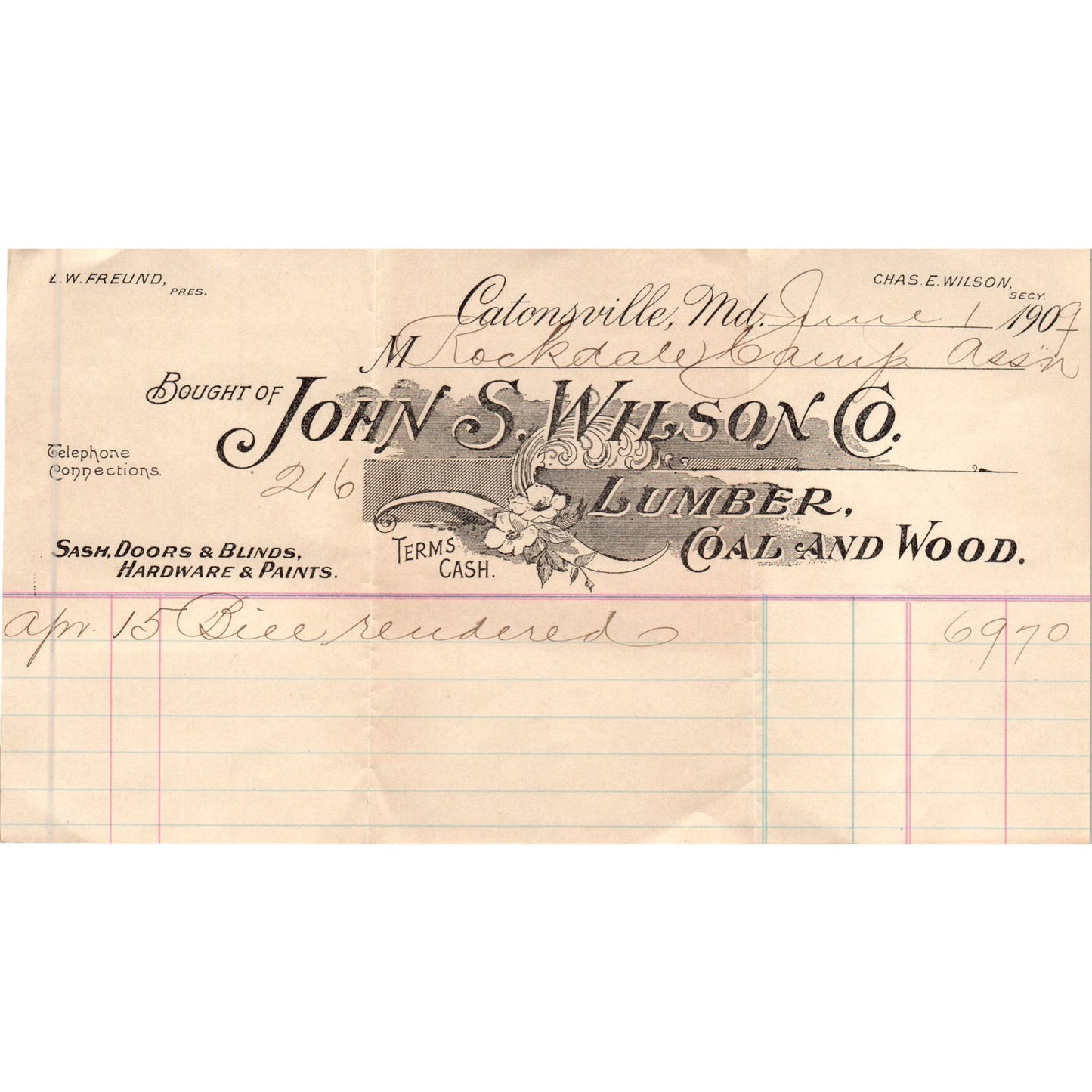 1909 John S. Wilson Co Lumber Coal Letterhead Catonsville MD AE5-H6