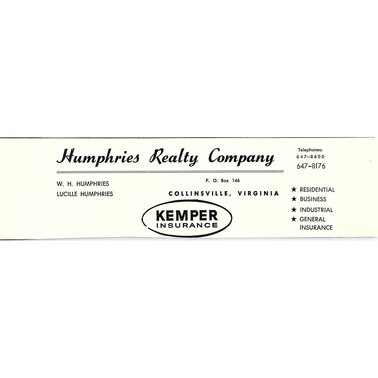 W.H. Humphries Lucille Humphries Realty Company Collinsville VA 1960s Ad AG2-5