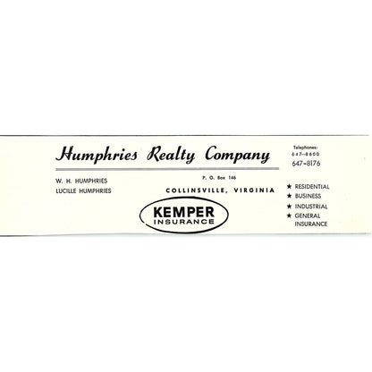 W.H. Humphries Lucille Humphries Realty Company Collinsville VA 1960s Ad AG2-5