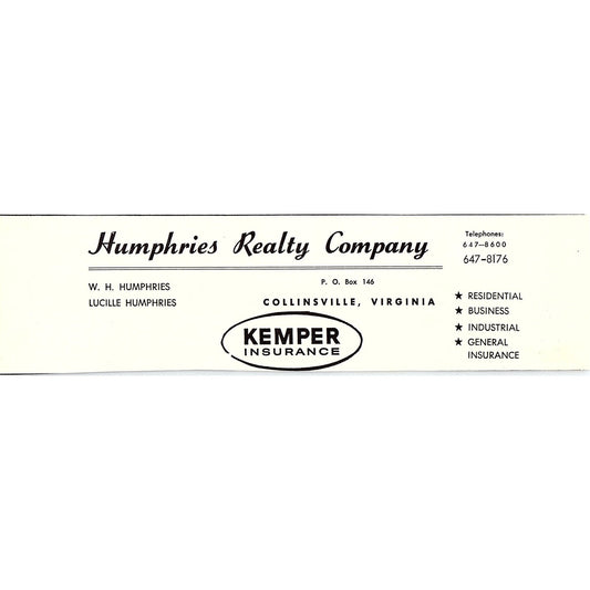 W.H. Humphries Lucille Humphries Realty Company Collinsville VA 1960s Ad AG2-5