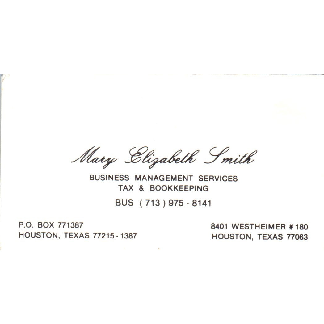 Mary Elizabeth Smith Bookkeeping Houston TX Vintage Business Card SD8-B9