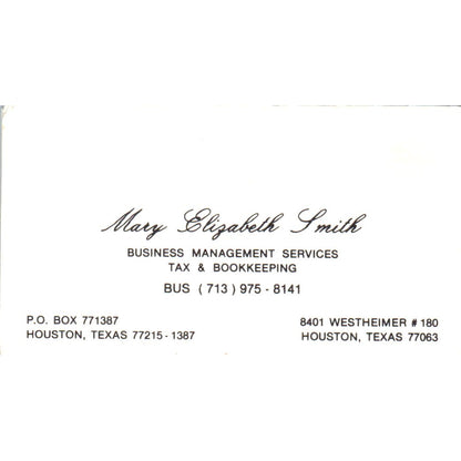 Mary Elizabeth Smith Bookkeeping Houston TX Vintage Business Card SD8-B9