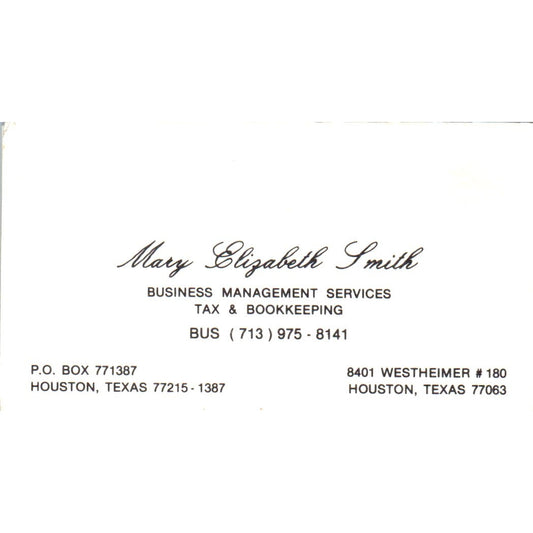 Mary Elizabeth Smith Bookkeeping Houston TX Vintage Business Card SD8-B9