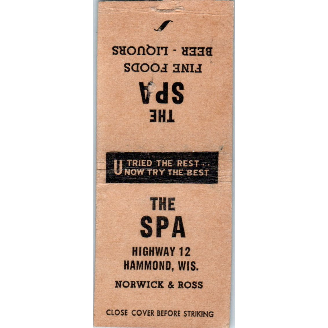 The Spa Norwick & Ross Hammond WI Vintage Matchbook Cover SD2-Y9
