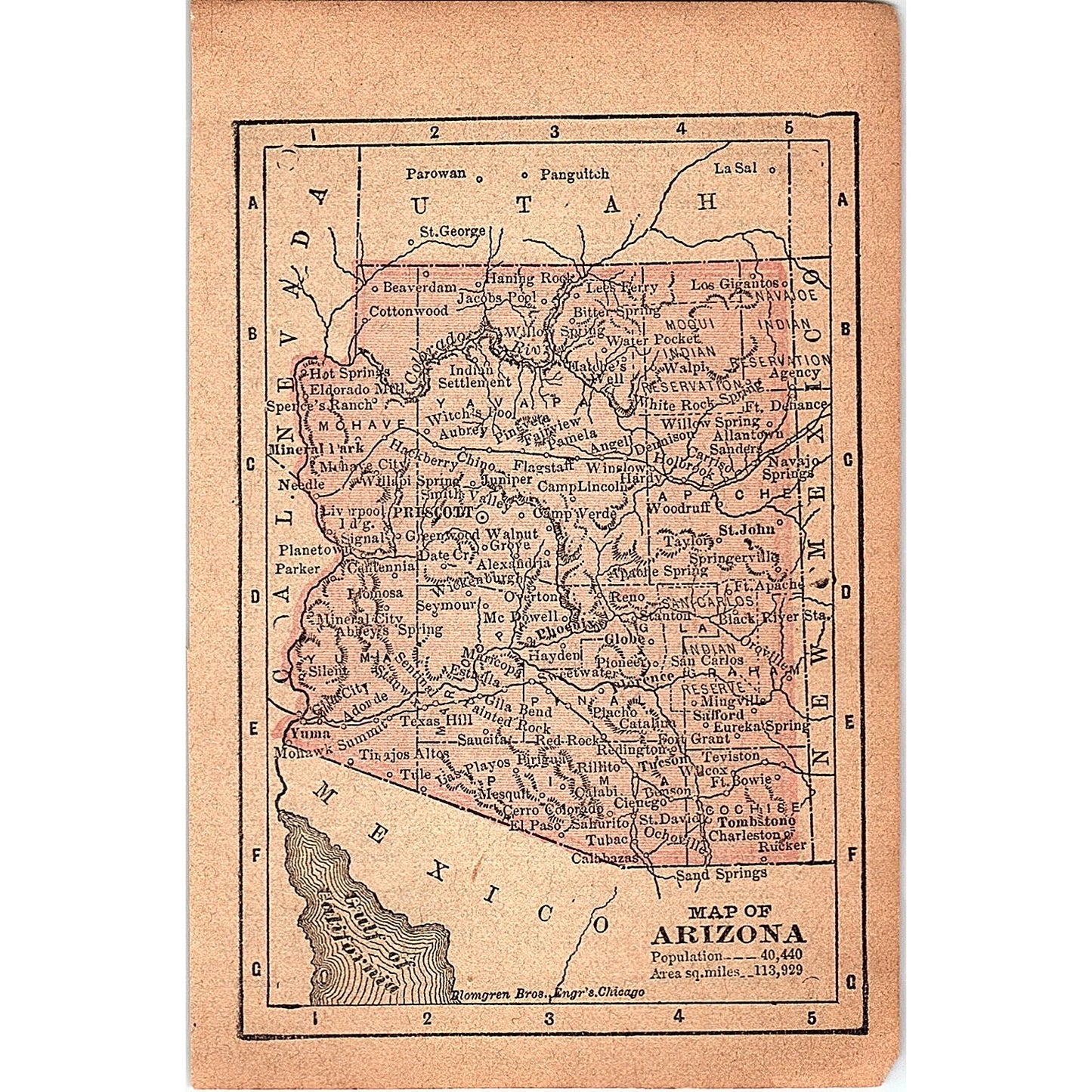 Antique 1889 Map of Arizona 1889 Pocket Map Engraving SAG4-H4