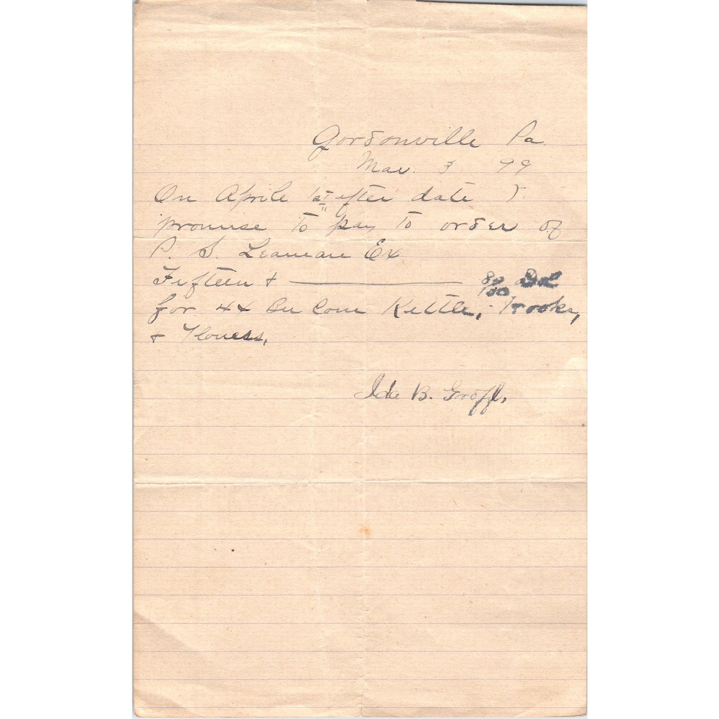 1899 Gordonville PA Handwritten Letter Ida B. Groffe D21