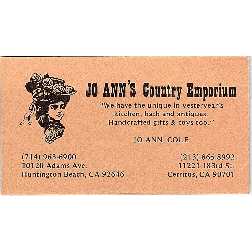 Jo Ann's Country Emporium Joe Ann Cole Huntington Beach CA Business Card SE3-B16
