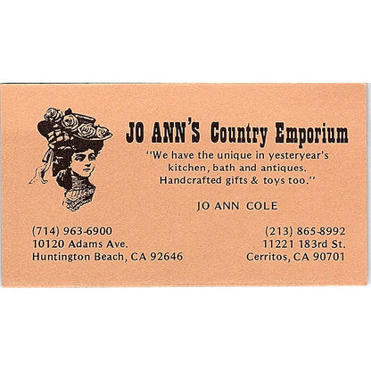 Jo Ann's Country Emporium Joe Ann Cole Huntington Beach CA Business Card SE3-B16