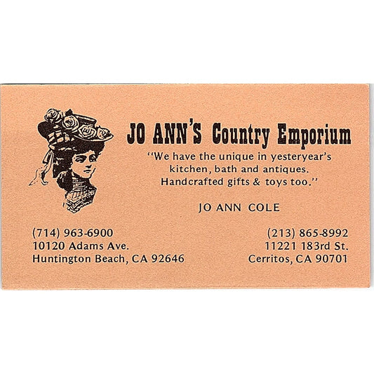Jo Ann's Country Emporium Joe Ann Cole Huntington Beach CA Business Card SE3-B16