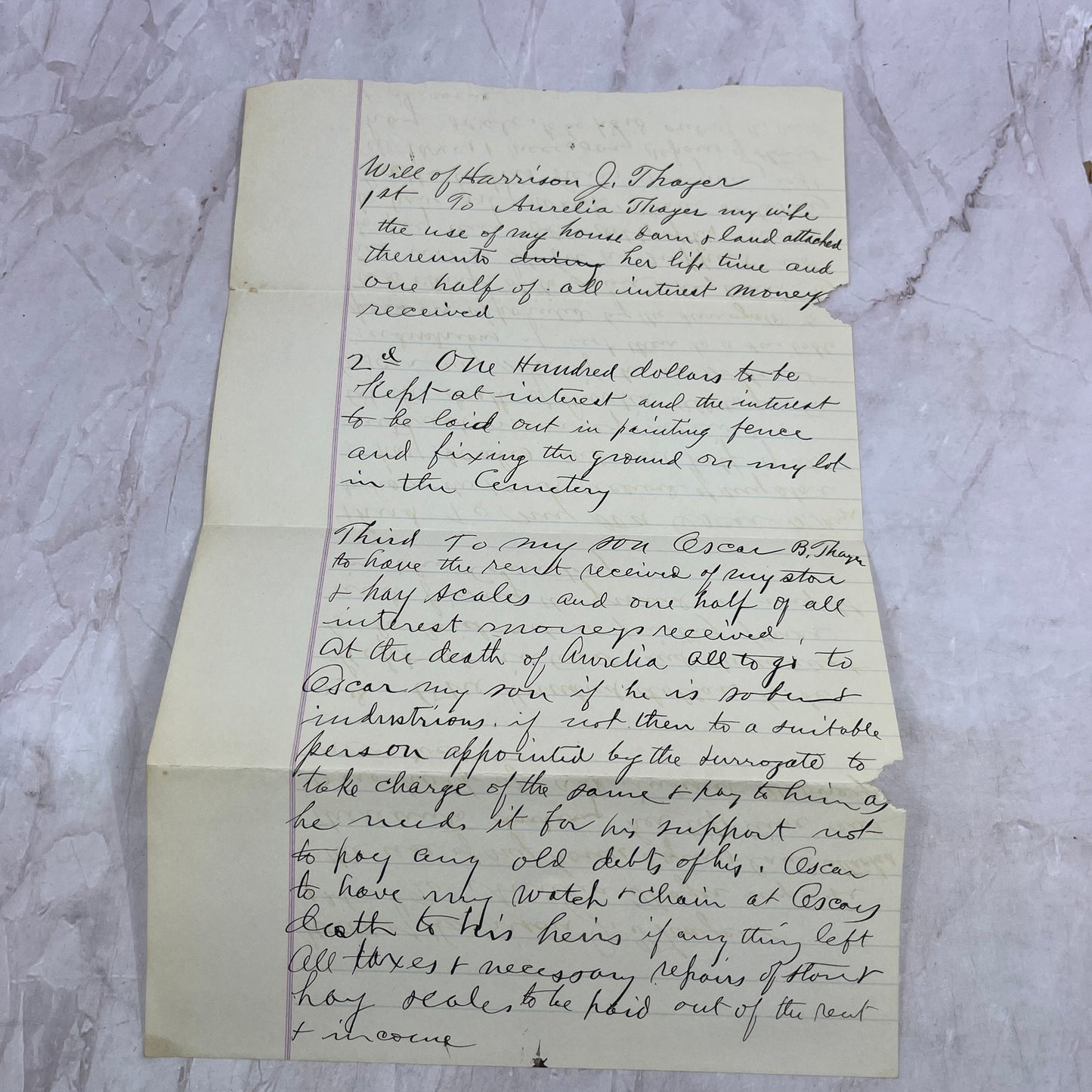 c1900 Handwritten Will of Harrison J. Thayer - Aurelia Thayer Oscar Thayer D22