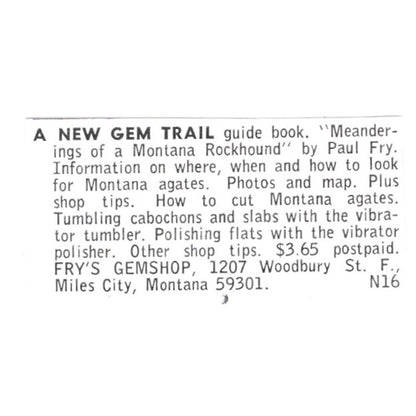 Fry's Gemshop Lapidary Supply Miles City Montana 1972 Ad AF8-S8