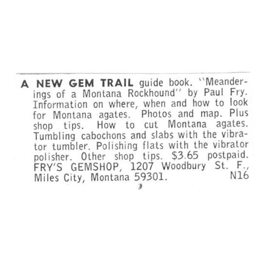 Fry's Gemshop Lapidary Supply Miles City Montana 1972 Ad AF8-S8