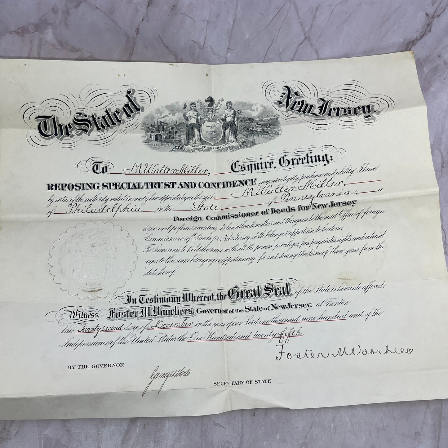 1900 Foreign Commissioner of Deeds for NJ Certificate M. Walter Miller TJ5-E2