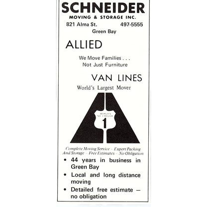 Schneider Moving & Storage Inc 821 Alma St. Green Bay WI 2.5x5" 1981 Ad AF6-17
