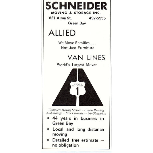 Schneider Moving & Storage Inc 821 Alma St. Green Bay WI 2.5x5" 1981 Ad AF6-17
