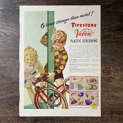 Firestone Velón Plastic Screening Boy With Tricycle Magazine Ad 10x14 V7