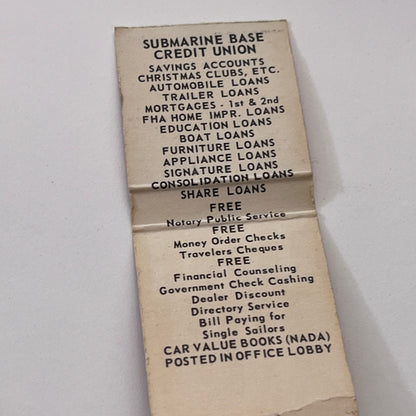 Submarine Base Credit Union Groton CT Vintage Matchbook Cover TB8-MB-10