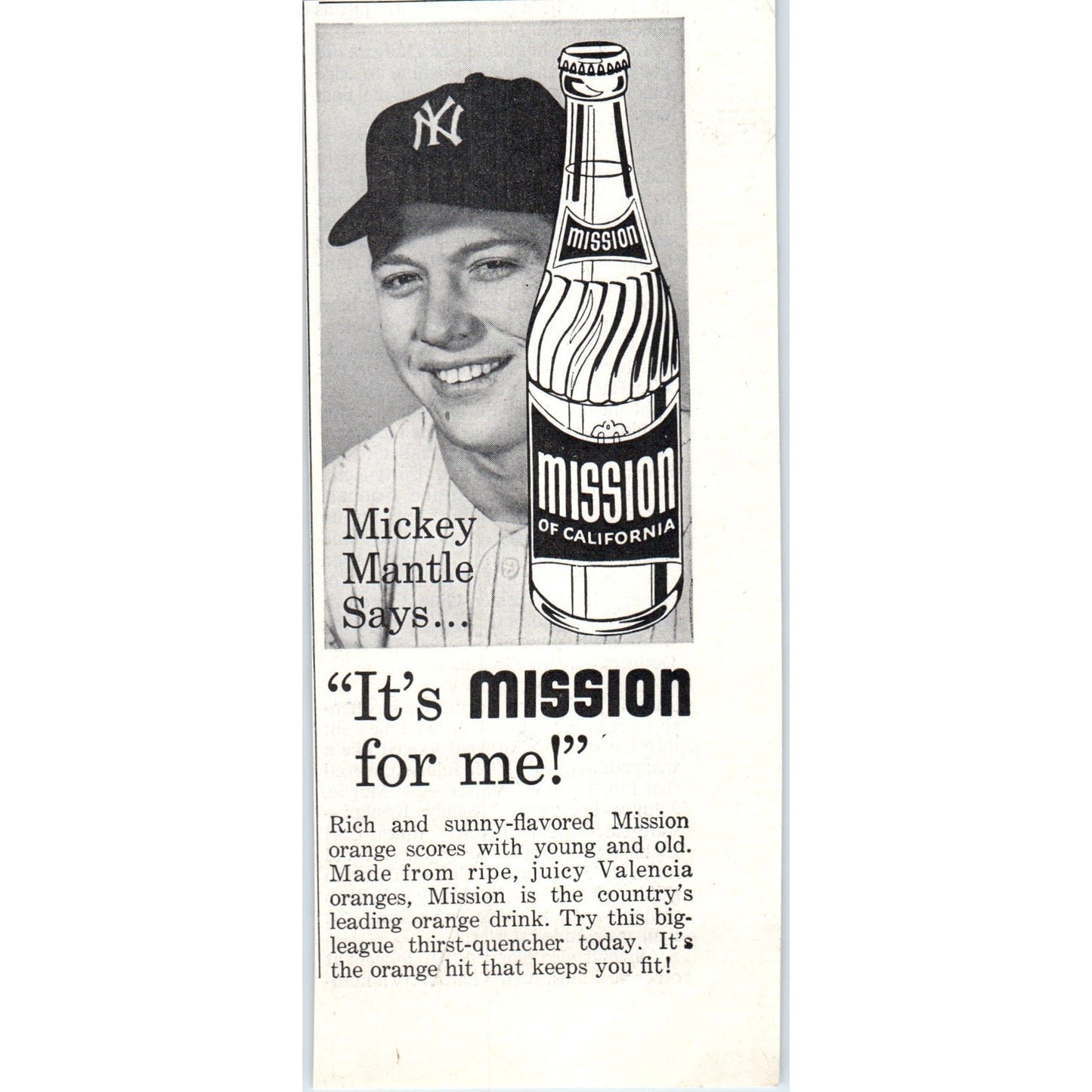 Vintage Mission of California Mickey Mantle MLB Baseball Magazine Ad 2.5x7" D24