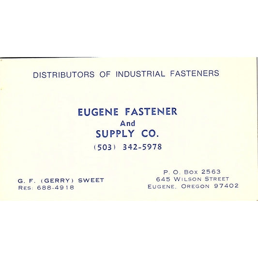 Eugene Fastener & Supply G.F. (Gerry) Sweet Eugene Oregon Business Card SB4-B11