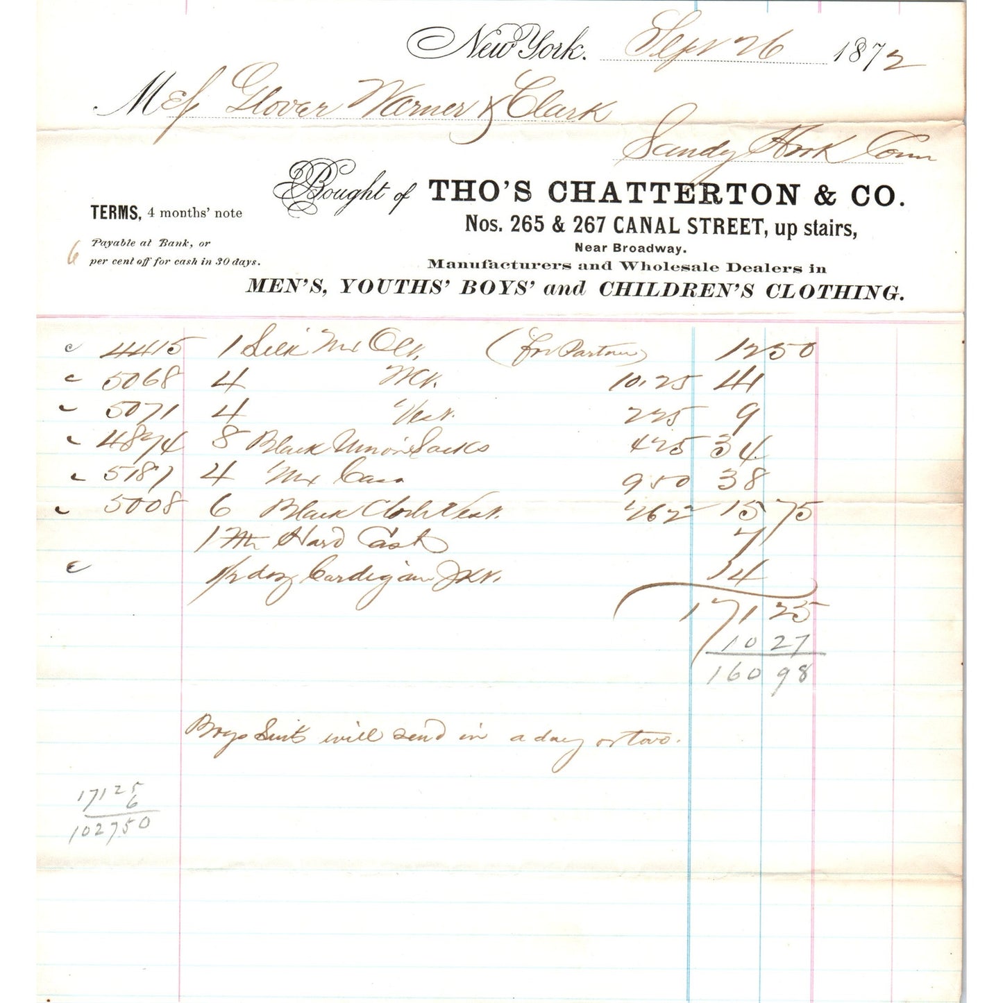 1872 Tho's Chatterton & Co Clothing Canal St. NY Receipt Letterhead D24