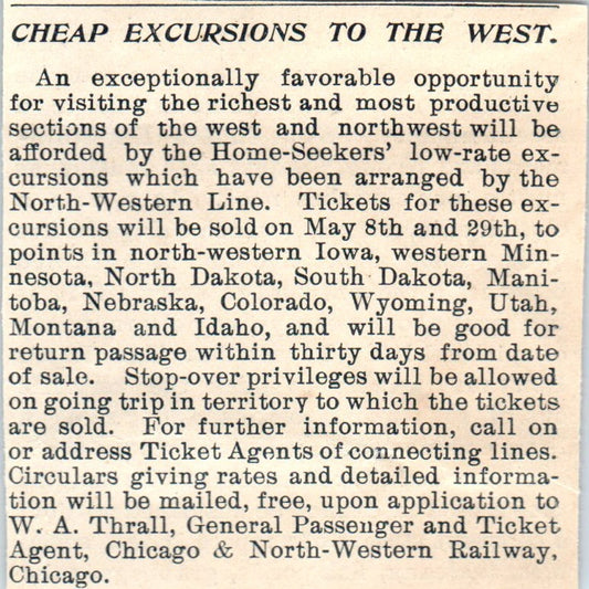 Excursions West Chicago & Northwestern Railway W.A. Thrall 1894 Ad AB6-SM2