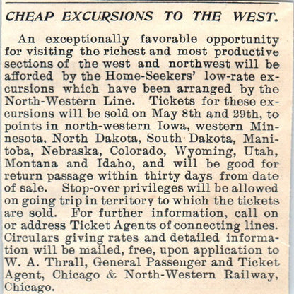 Excursions West Chicago & Northwestern Railway W.A. Thrall 1894 Ad AK5-H8