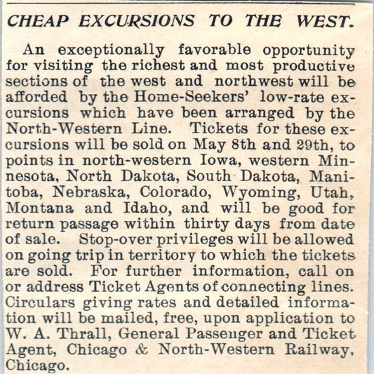 Excursions West Chicago & Northwestern Railway W.A. Thrall 1894 Ad AK5-H8