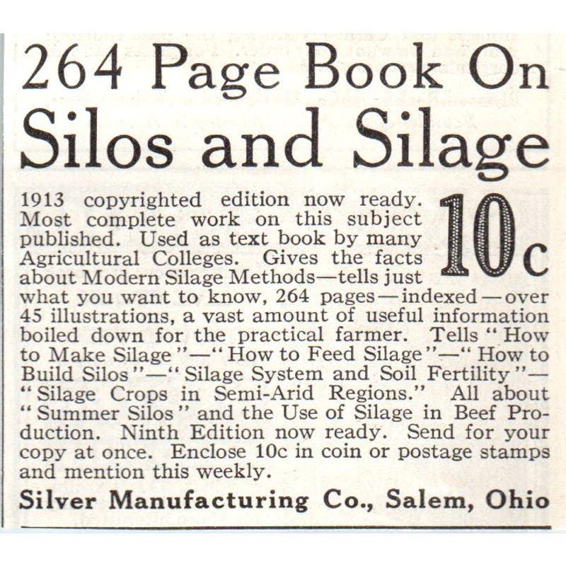 Silver Manufacturing Co Salem OH Silo & Silage Book 1913 Magazine Advert AE7-N7