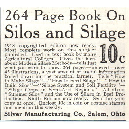 Silver Manufacturing Co Salem OH Silo & Silage Book 1913 Magazine Advert AE7-N7