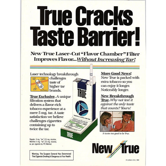 True Cigarettes - True Cracks the Taste Barrier Lorillard 1984 Ad AF8-4