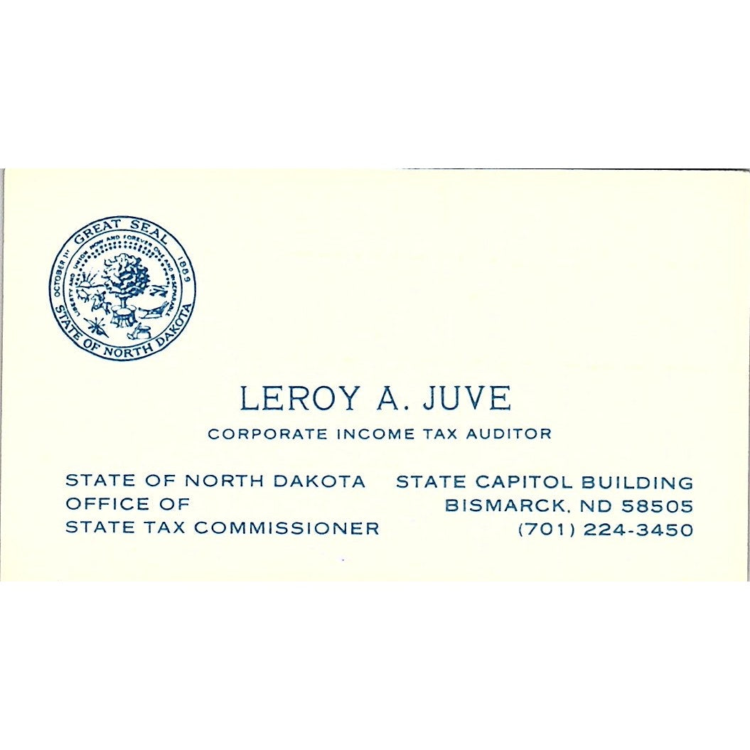 Leroy A. Juve Tax Auditor Bismarck North Dakota Vintage Business Card SF3-B3