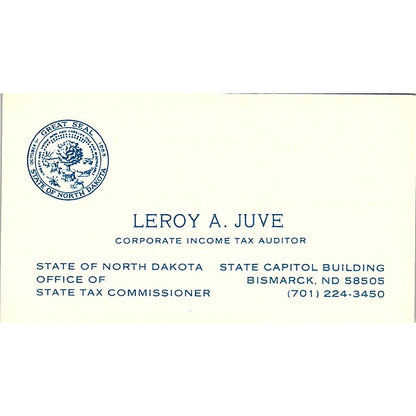 Leroy A. Juve Tax Auditor Bismarck North Dakota Vintage Business Card SF3-B3