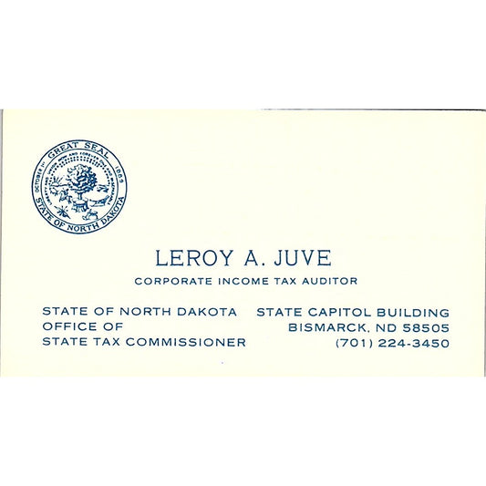 Leroy A. Juve Tax Auditor Bismarck North Dakota Vintage Business Card SF3-B3