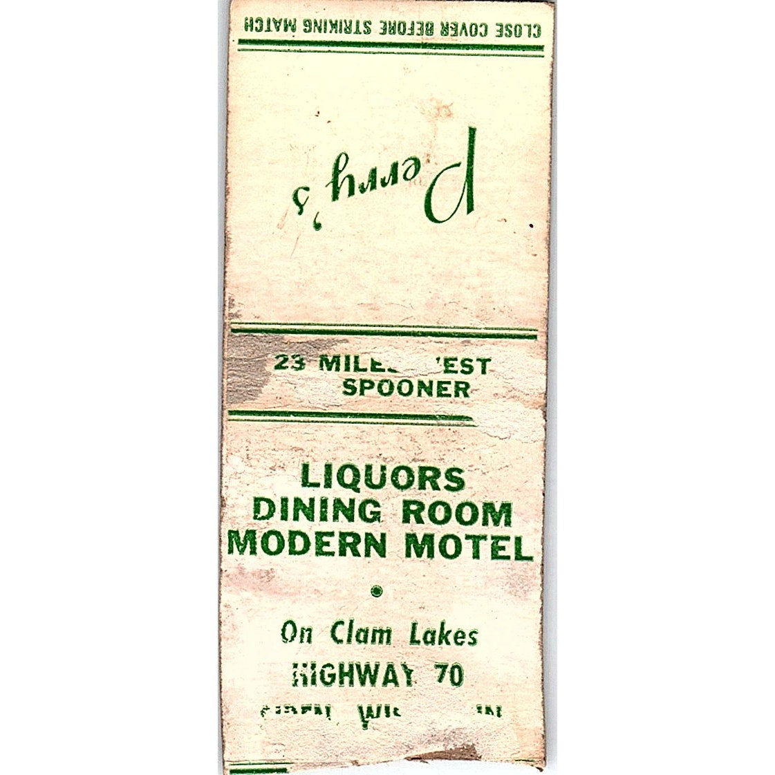 Perry's Motel & Restaurant Clam Lakes Siren WI Vintage Matchbook Cover SC7-Y4
