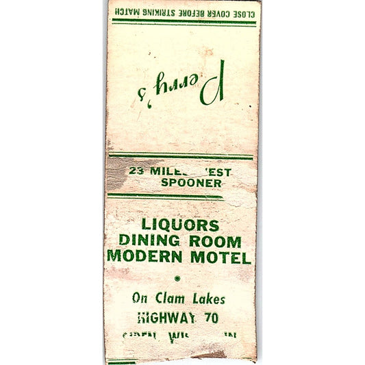 Perry's Motel & Restaurant Clam Lakes Siren WI Vintage Matchbook Cover SC7-Y4