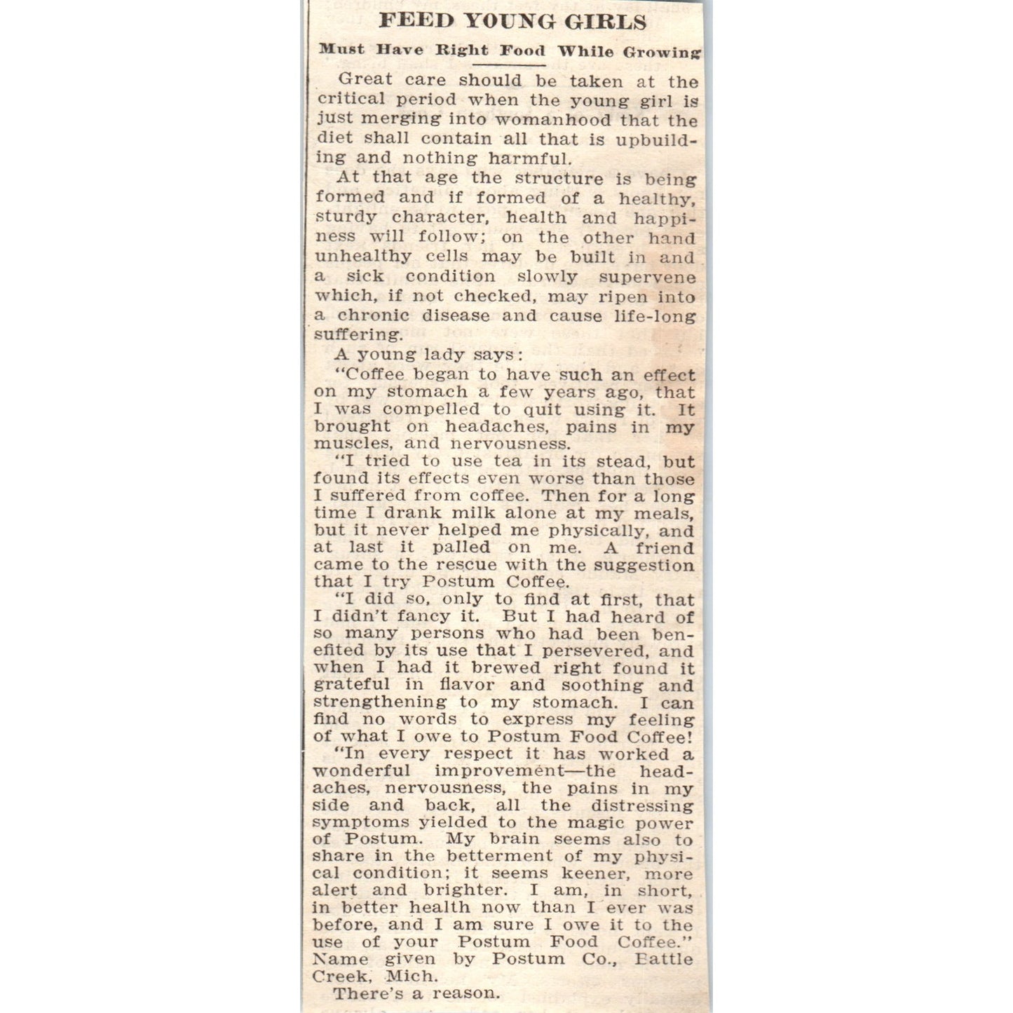 Feeding Young Girls Postum Co Battle Creek MI 1905 Magazine Ad AF1-NH1