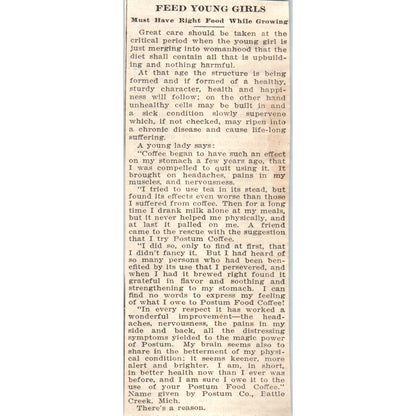 Feeding Young Girls Postum Co Battle Creek MI 1905 Magazine Ad AF1-NH1
